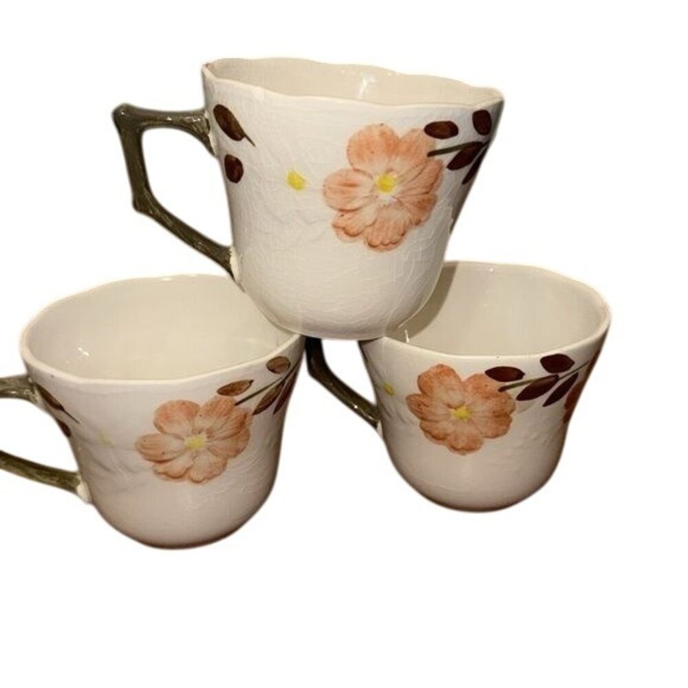Set Of 3 Cameo Florals Oven To Table Ceramic Mugs With Peach Blossom Design